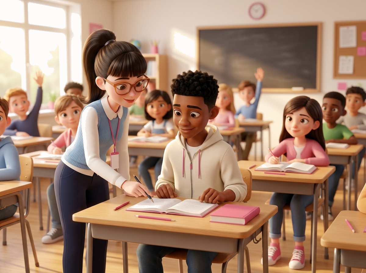 Enseignante guidant un élève individuellement